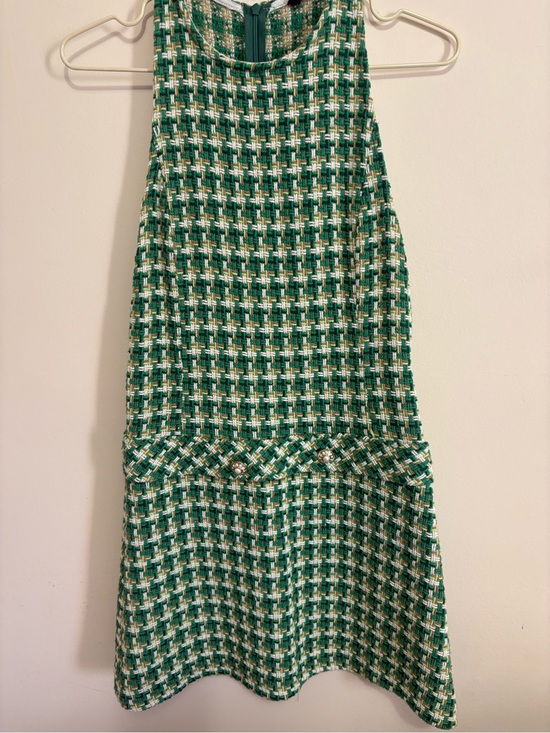 Zara Dresses & Skirts - Zara Green and Cream Tweed Shift Dress with Button Detail